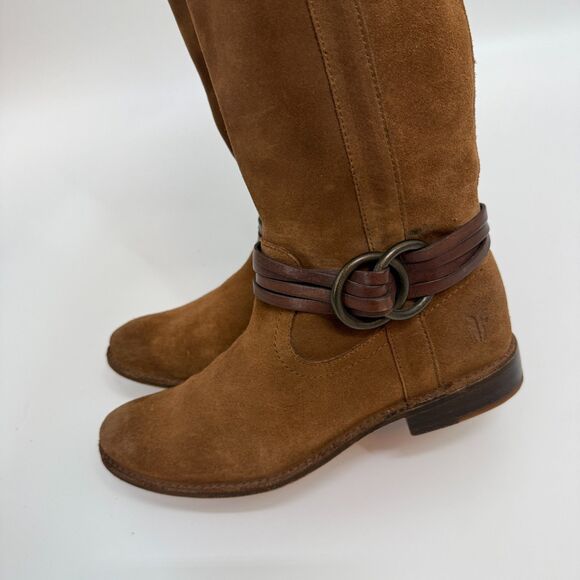 Frye Shirley Multi Strap Tall Harness Boot Brown Suede Leather Western Size 5.5 - Picture 6 of 16
